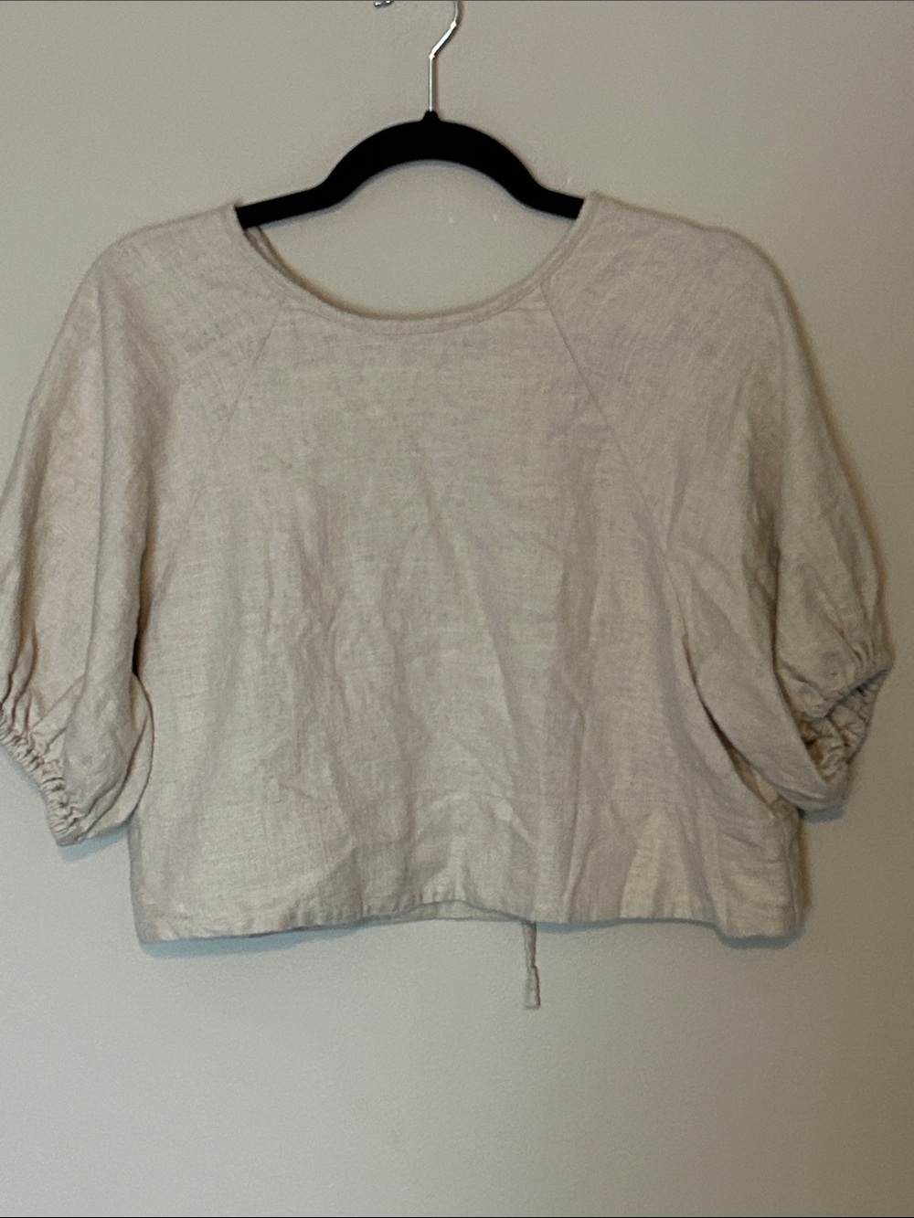 House Of Harlow Neutral Beige Linen-Blend Puff Sleeve Crop Top